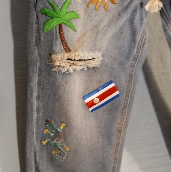 Really Cute Embroidered Patches On Denim Joggers with Drawstring - Picture 5 of 13